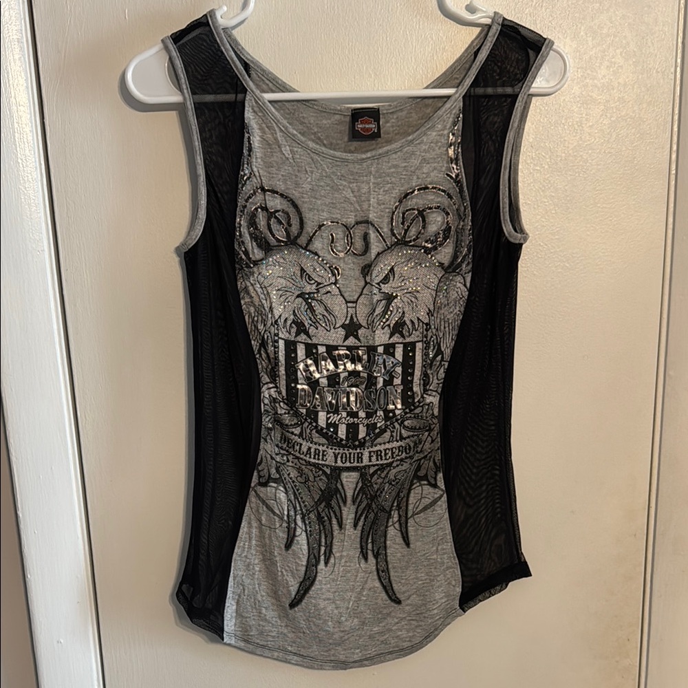Harley-Davidson Women's Gray and Black Mesh Graphic Tank